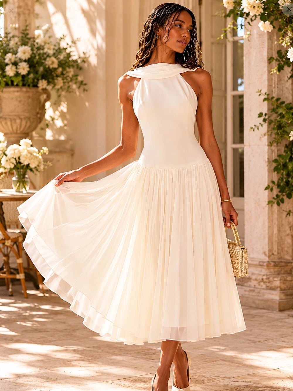 Mirror Palais Double Cowl Lady Length Dress in Crème